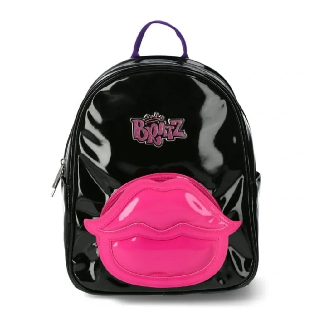 Bratz Mini Backpack Purse Black Patent Pink Lips Y2K Baddie Bratcore Goth Faux - Picture 8 of 9